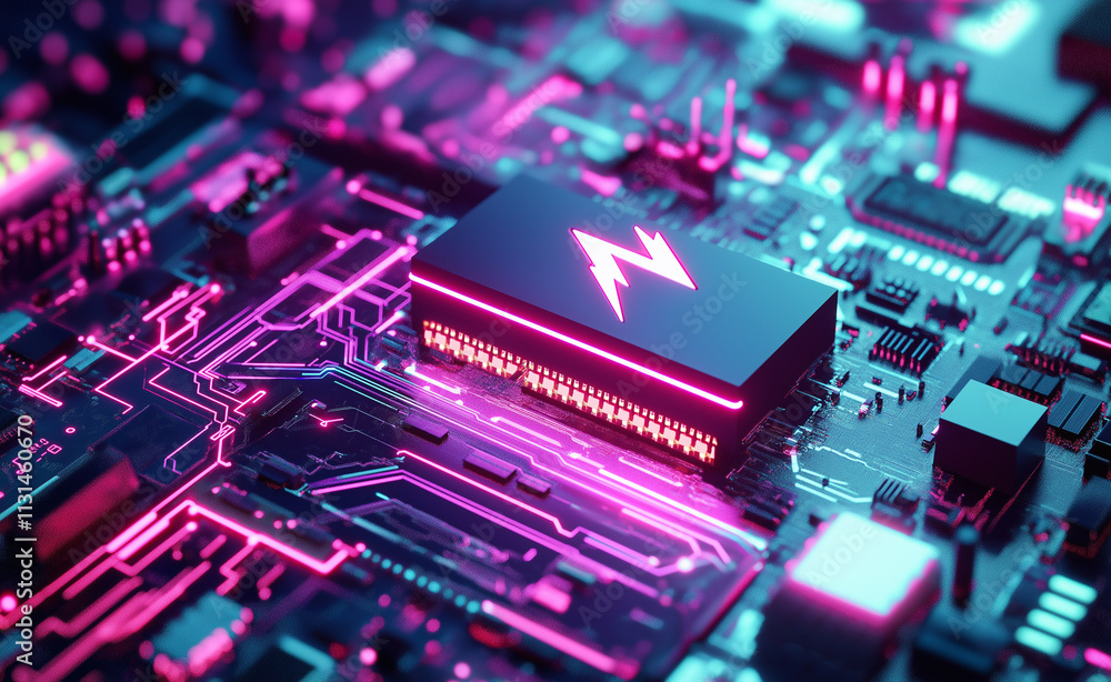 Obraz premium Glowing computer chip: A futuristic glowing microchip with neon pink circuitry on a high-tech circuit board, symbolizing technology and innovation.