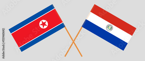 Crossed flags of North Korea and Republic of Paraguay. Official colors. Correct proportion. Vector illustration