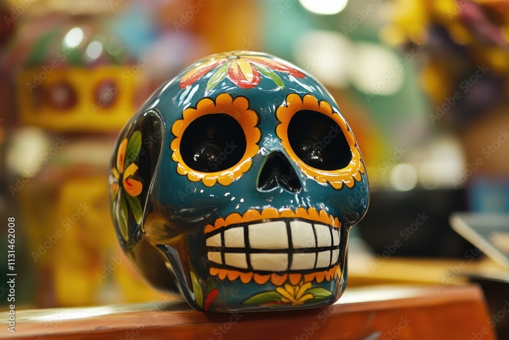 Naklejka premium A decorative skull sitting on a wooden table, perfect for decoration or photography props