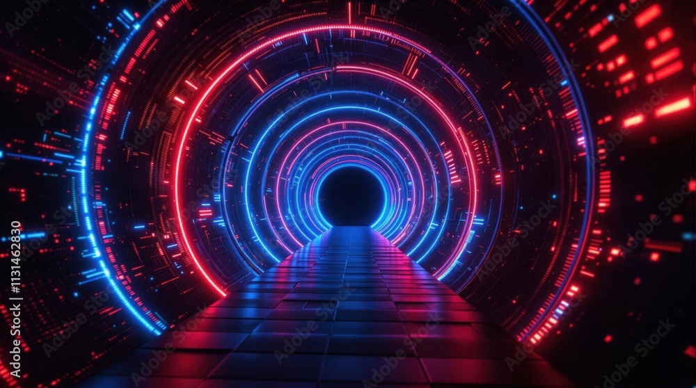 Obraz premium Futuristic Neon Tunnel with Blue and Red Luminescent Circles and Patterns