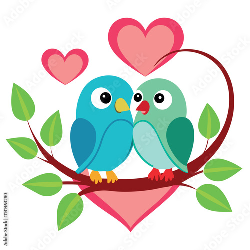 two lovebirds sitting heart shaped branch vector illustration