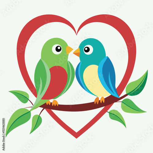 two lovebirds sitting heart shaped branch vector illustration