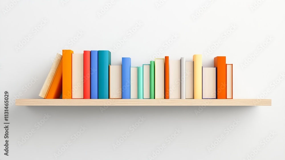 Obraz premium Colorful Books Arranged Neatly on a Wooden Shelf Against a White Background, Perfect for Illustrating Themes of Education, Learning, and Knowledge