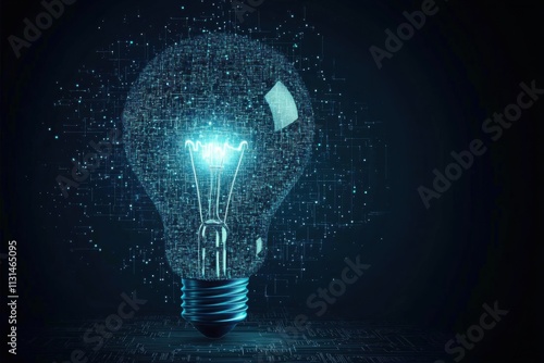 An incandescent lamp, designed in abstract style. The filament of a lamp consists of many luminous spots connected by lines, creating a complex geometric structure resembling a network or scheme. The 