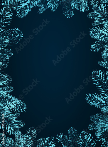 Merry Christmas card with pine branches on a blue.