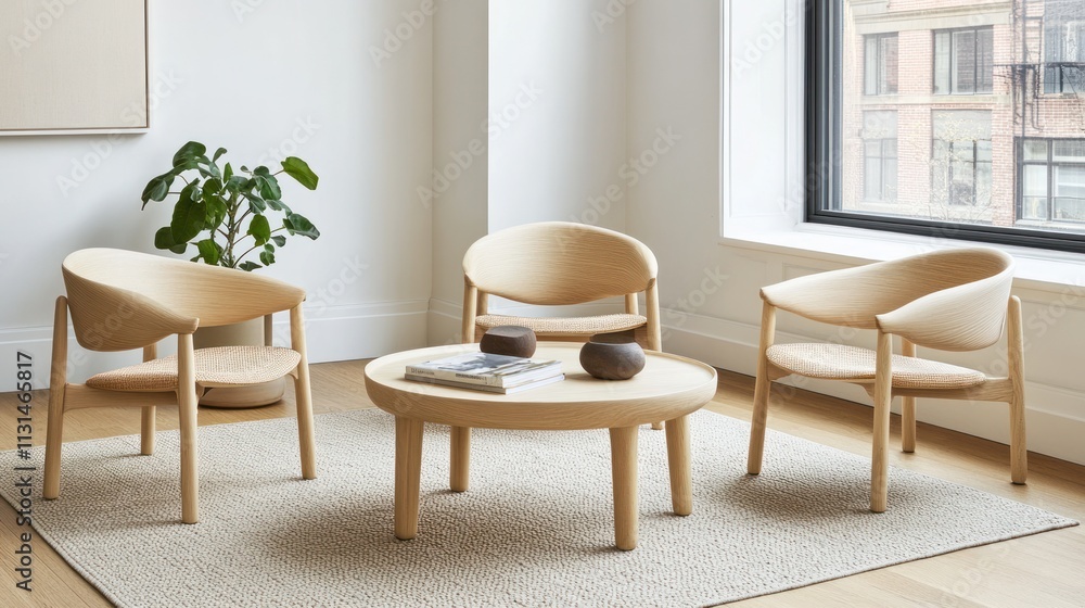 Fototapeta premium Modern light wood furniture set, featuring a round coffee table and three armchairs, arranged in a casual, cozy grouping in a minimalist living room with large windows.