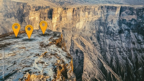 Three yellow map markers on a rocky cliff overlooking a deep canyon. photo