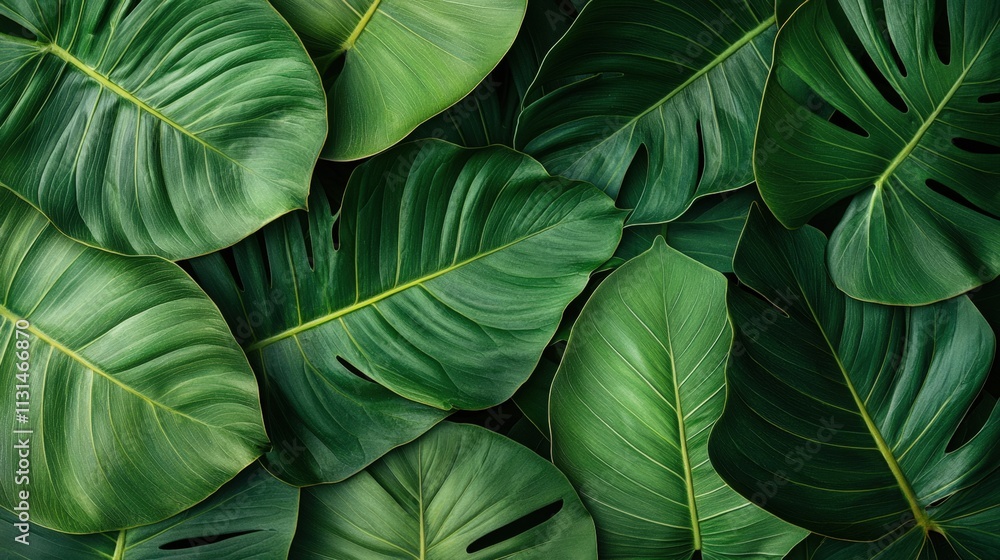 Obraz premium Watercolor texture and vibrancy, A vibrant arrangement of lush green leaves, showcasing their rich textures and various shapes, creating a serene and natural backdrop.