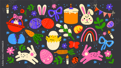 Cartoon set of Easter stickers in abstract 90s retro style. Spring elements, rabbits, eggs, Christian holiday, Easter baskets, flowers. Vector groovy illustration
