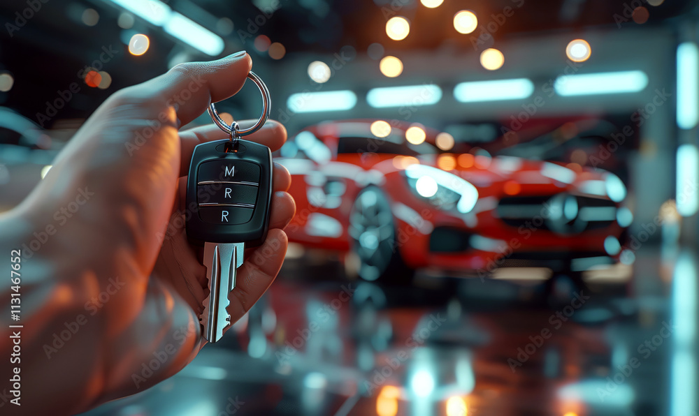 Fototapeta premium A hand holds a car key in front of a red sports car in a showroom. Concept of luxury, automobile, ownership