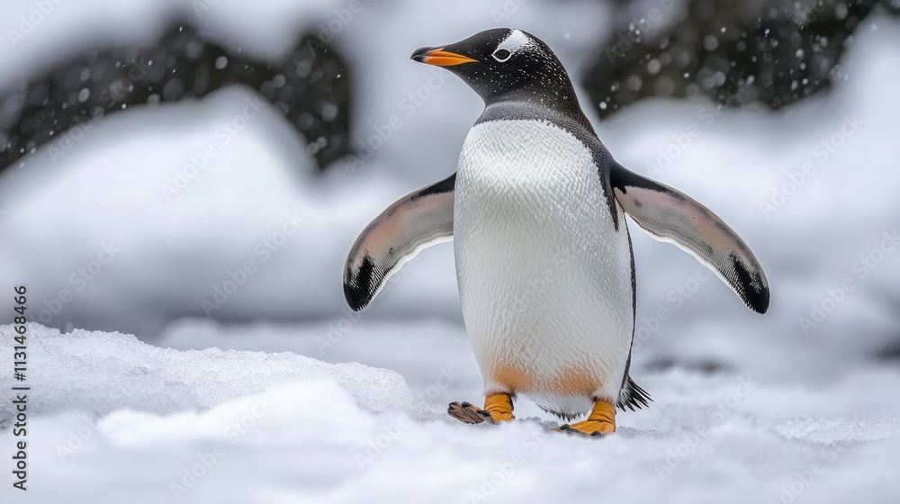 Obraz premium Gentoo penguin standing in snow, wings slightly raised.