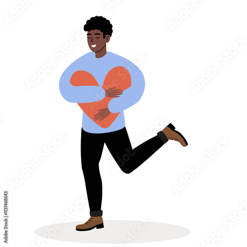 Man holding a large heart symbol expresses joy and love while running