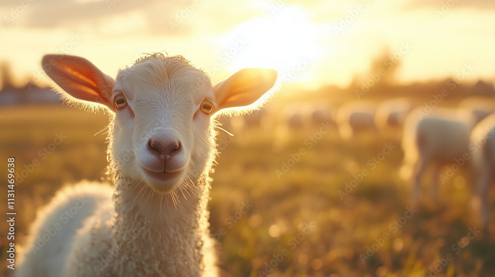 Obraz premium Lamm auf der Wiese schaut neugierig in die Kamera