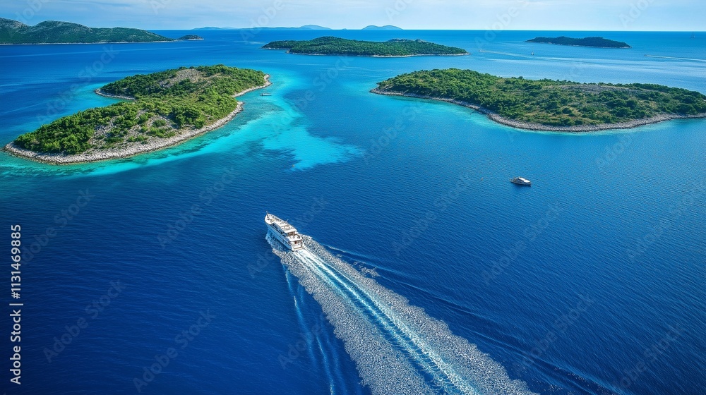 Obraz premium top-down view of a yacht moving through deep blue waters, leaving a white trail behind