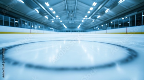 A detailed shot of an ice hockey rink's face-off circle and lines, indoor setting with arena lights, Sleek style photo