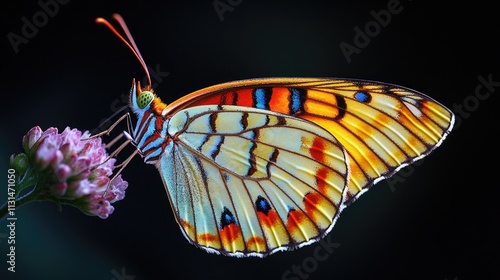 Close-up shot of a butterfly sitting on a colorful flower, with delicate details and natural lighting