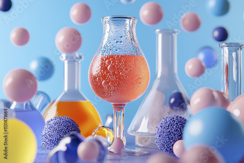 Stylized composition of scientific glassware with colorful liquids and bubbles, creating vibrant and dynamic atmosphere. Perfect for science themed projects photo