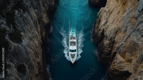 yacht passing through narrow sea cliffs, with turquoise water photo