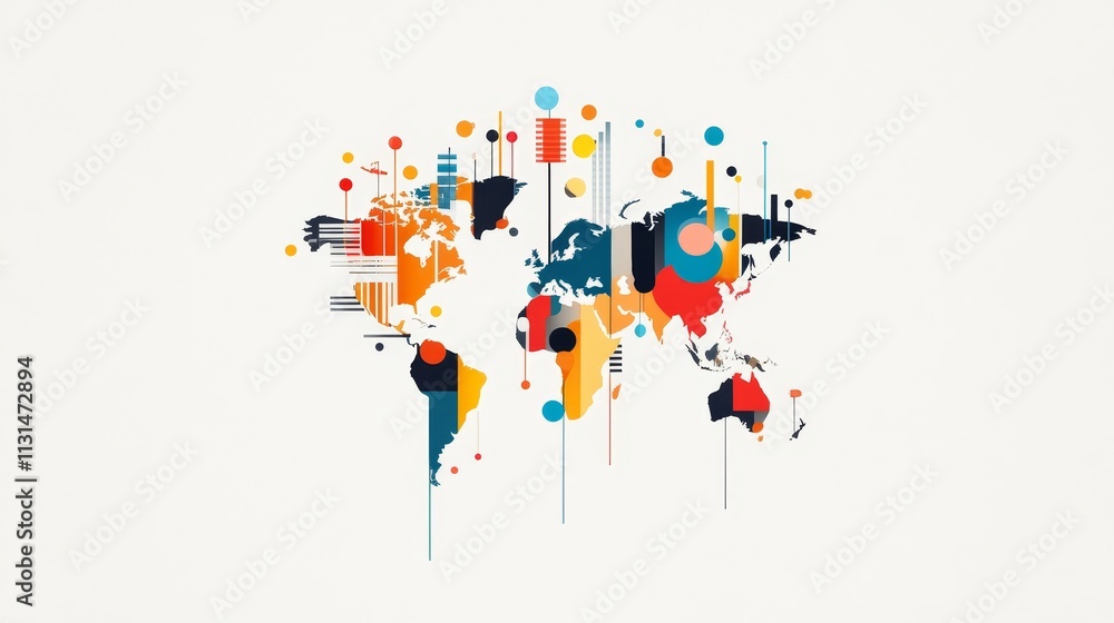 Obraz premium Abstract World Map Illustration with Colorful Design Elements Representing Global Data, Trends, and Connections in a Modern Art Style