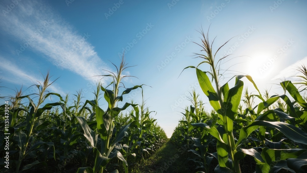 Obraz premium corn field in spring with blue sky background