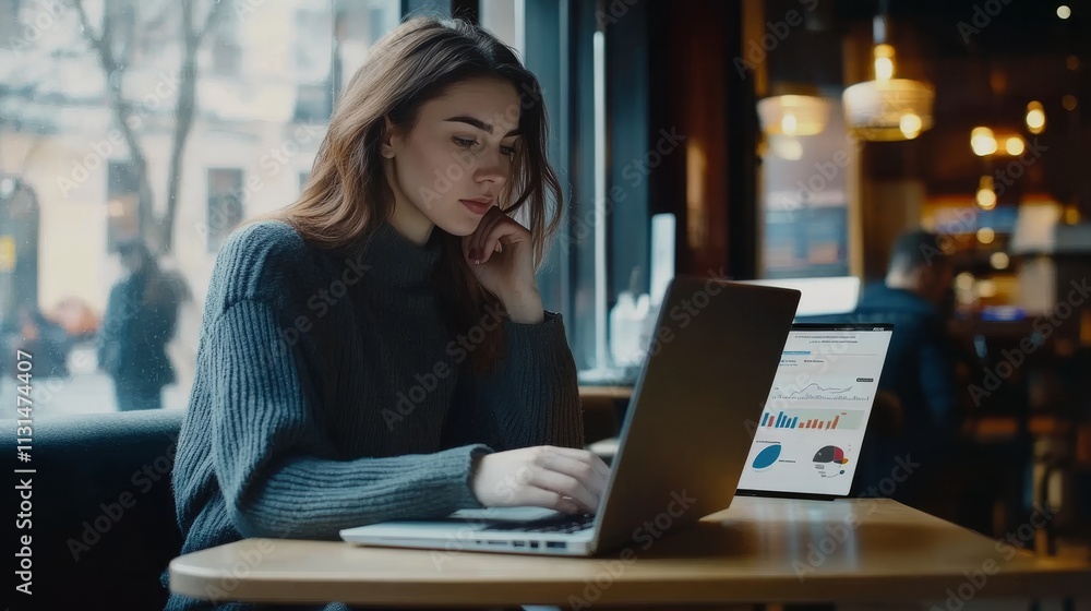 Fototapeta premium Young businesswoman analyzing data in coffee shop while freelancing and teaching students online