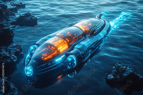 A sleek and modern bathyscaphe or submarine illuminated by glowing blue lights, deep underwater in the serene darkness of the ocean, symbolizing exploration and technology.

 photo