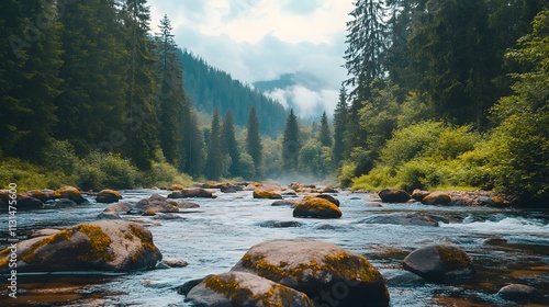 Tranquil river flows through lush forested valley at dawn under soft mist