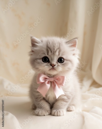 Cute fluffy kitten with big eyes and a pink bow sitting sweetly in a pastel background photo