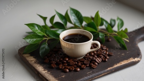 Brewed coffee in a cup on a wooden board with coffee beans and fresh leaves flat lay lifestyle concept photo