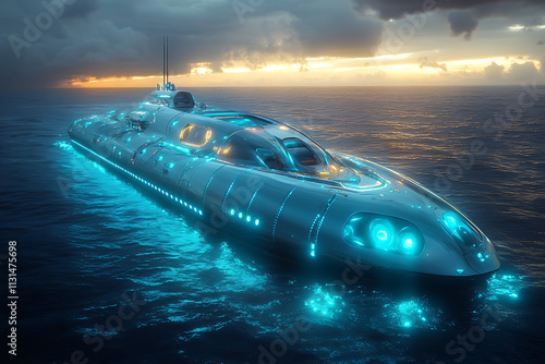 A sleek and modern bathyscaphe or submarine illuminated by glowing blue lights, deep underwater in the serene darkness of the ocean, symbolizing exploration and technology.

 photo