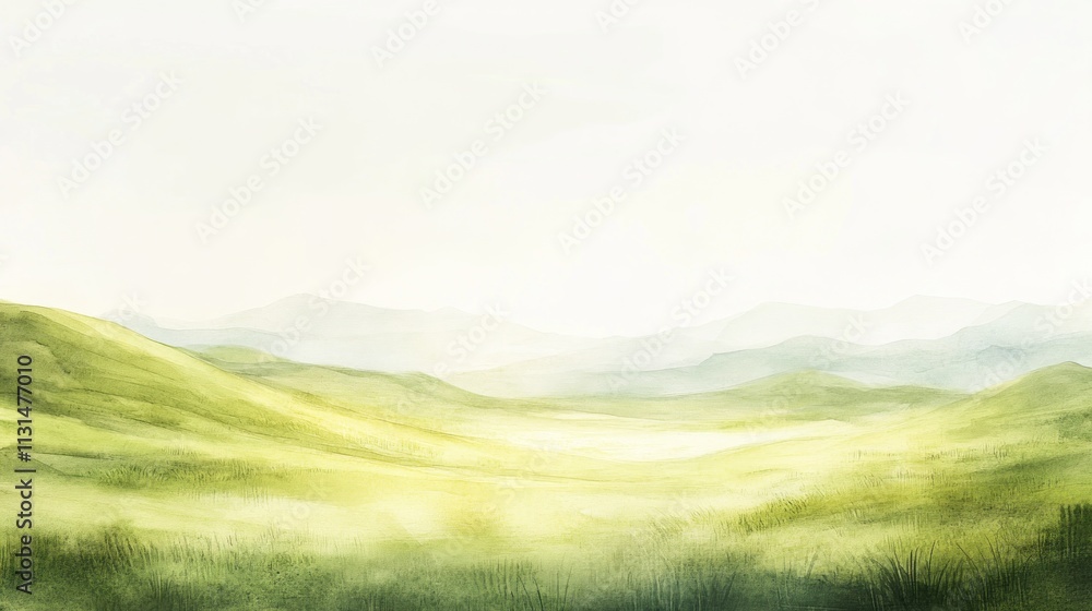 Fototapeta premium Serene watercolor landscape of rolling green hills and distant mountains under a soft, bright sky.
