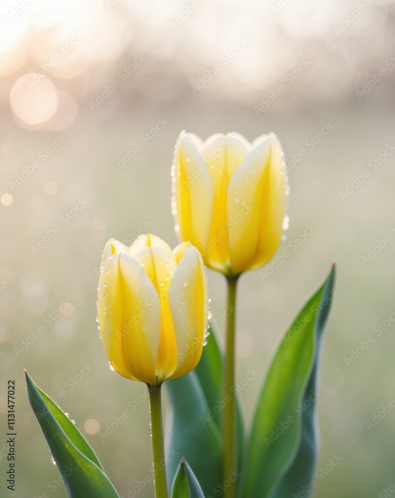Fototapeta premium Two Yellow Tulips Glistening With Dew Drops