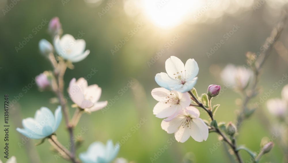 Fototapeta premium A Serene Representation of Hope in Nature with Blossoming Flowers and Soft Sunlight