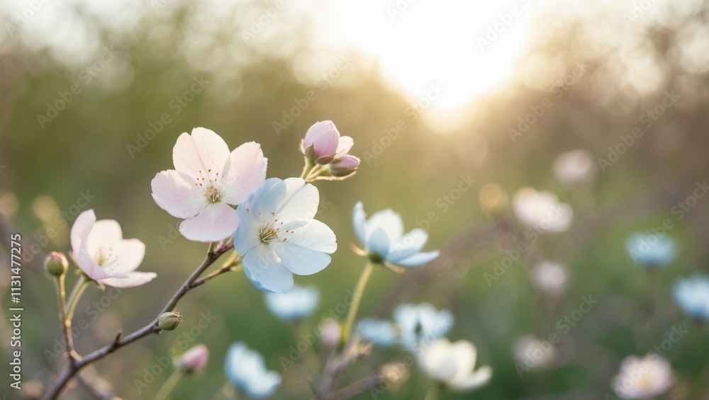 Fototapeta premium A Serene Representation of Hope in Nature with Blossoming Flowers and Soft Sunlight