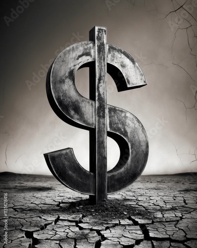 Giant dollar sign on cracking ground symbolizes financial struggle and inflation photo