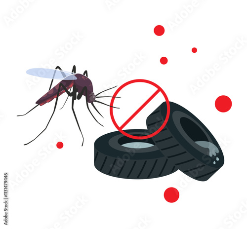 Dengue Prevention - Avoid Water Collection in used Tyres - Stock Illustration