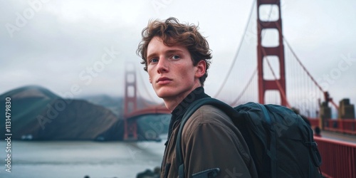 A young traveler stands before the iconic Golden Gate Bridge. The scene captures a sense of adventure and discovery. Perfect for travel enthusiasts and lifestyle blogs. AI photo