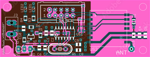 Vector printed circuit board of electronic 
device with components of radio elements, 
conductors and contact pads placed on pcb. 
Engineering technical drawing.
Computer technic cad design.