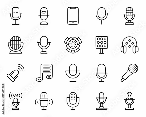 Microphone Icons Recording, Broadcasting, Podcast, Audio, Music, Studio, Technology, Communication, 