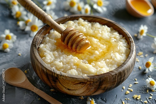 Creamy rice porridge drizzled with honey in a wooden bowl, garnished with a honey dipper, surrounded by chamomile flowers on textured gray background. Top view food photography for design