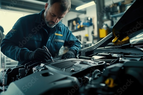 A person tinkering with a vehicle engine in a garage, ideal for use in images about mechanics, DIY projects or lifestyle scenes photo