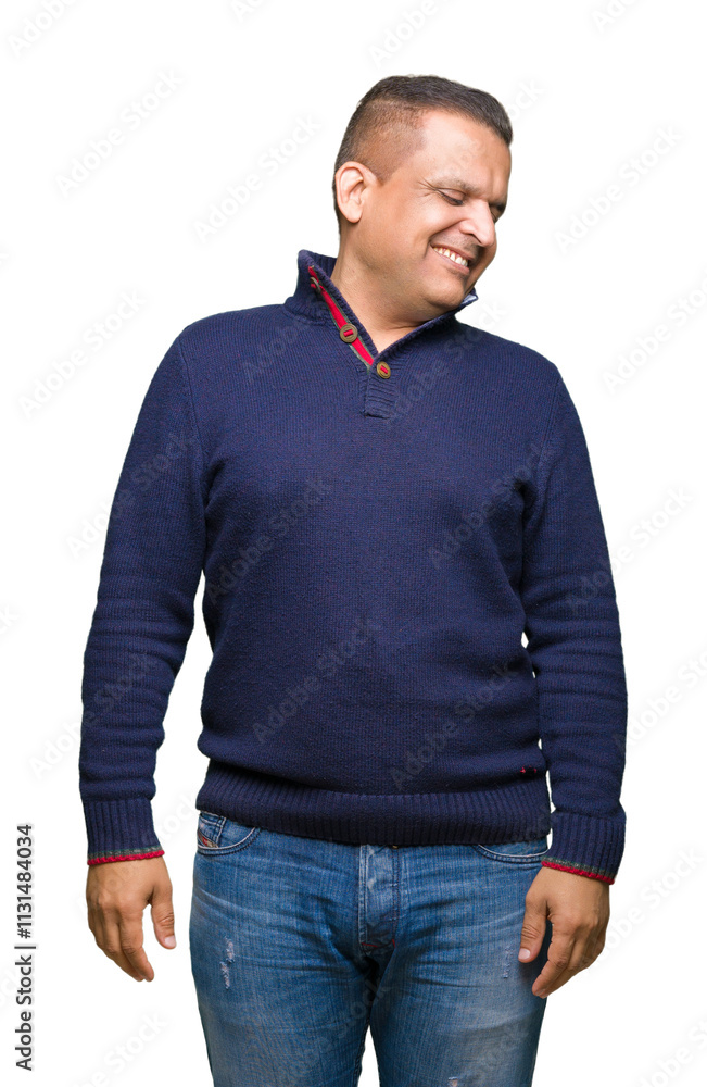 Fototapeta premium Middle age arab man over isolated background looking away to side with smile on face, natural expression. Laughing confident.