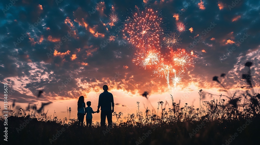 Fototapeta premium Silhouette Family Watching Fireworks at Sunset