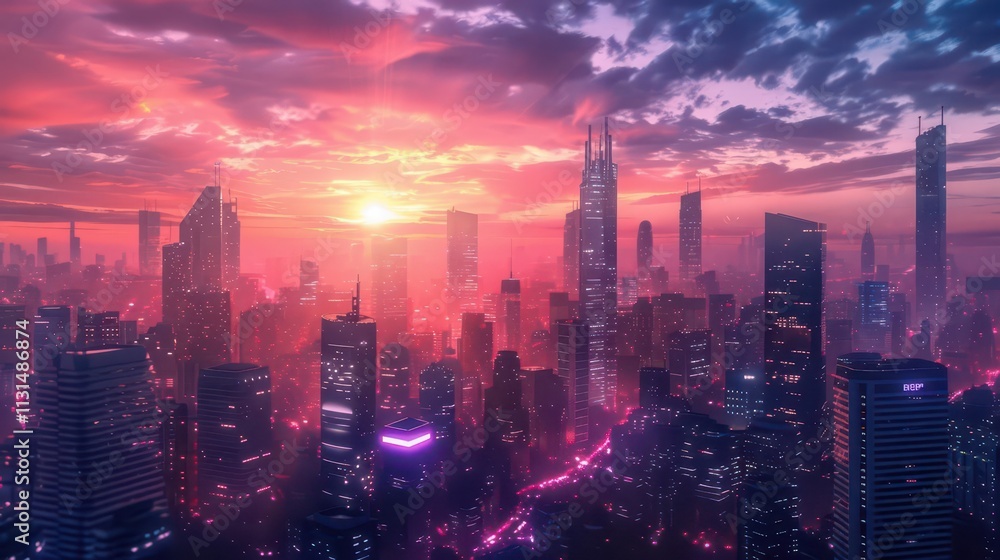 Fototapeta premium Urban Twilight. A mesmerizing blend of cityscape and natural elements at sunset.