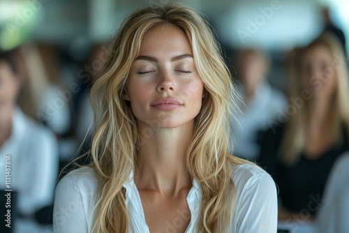 Wallpaper Mural A serene businesswoman practices meditation to dispel workplace negativity. Torontodigital.ca