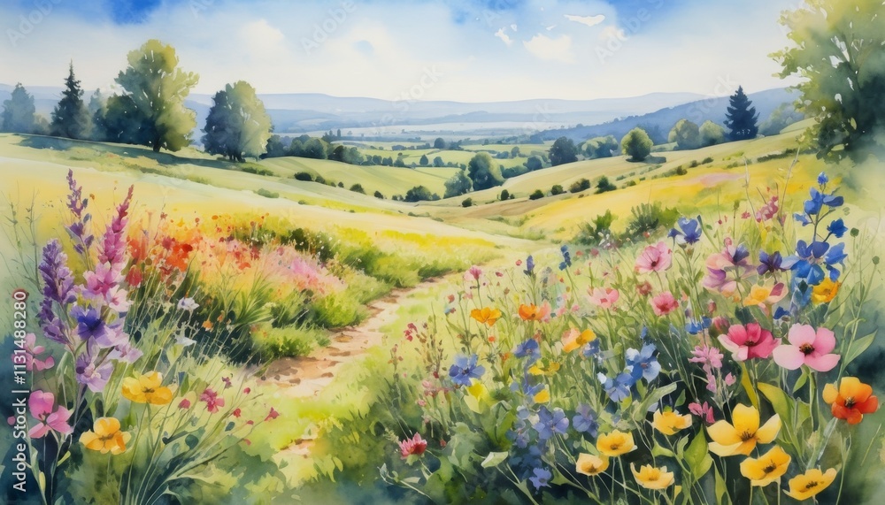 Fototapeta premium Vibrant watercolor illustration capturing the serene beauty of a spring landscape filled with blooming flowers in a tranquil countryside setting