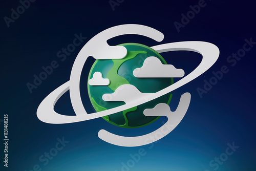 A 3D render of the Green Planet logo. The logo is a stylized image of a green planet with white clouds. The planet is surrounded by a
white circle. The background is a deep blue sky.