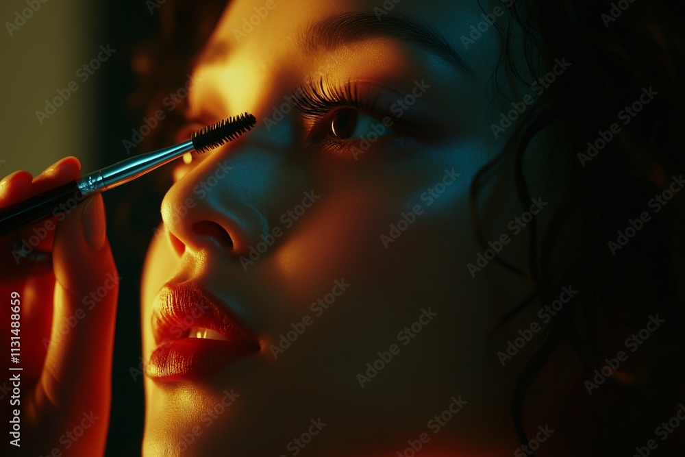 Fototapeta premium Woman applying mascara with precision under soft lighting, enhancing her eyelashes
