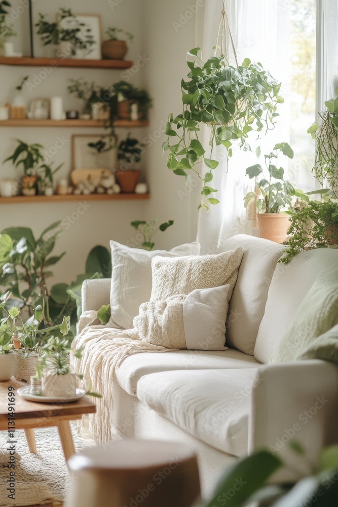 Naklejka premium Serene Living Room Decorated With Lush Greenery