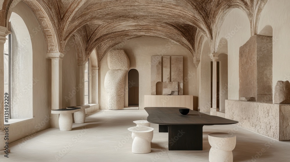 Obraz premium Minimalist Interior Design Featuring Stone Sculptures and Arched Ceilings